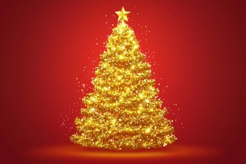 Illustration of a golden glowing Christmas tree on a red background. Elegant card template with golden shiny fir tree. Glitter. Free space for text
