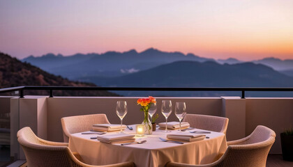 Fototapeta premium A refined table setting on a terrace overlooking a scenic view, featuring elegant dinnerware, sparkling glassware, and tasteful floral arrangements, creating an inviting dining atmosphere.