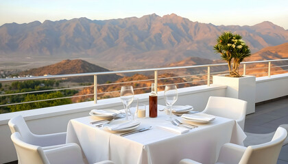 Fototapeta premium A refined table setting on a terrace overlooking a scenic view, featuring elegant dinnerware, sparkling glassware, and tasteful floral arrangements, creating an inviting dining atmosphere.