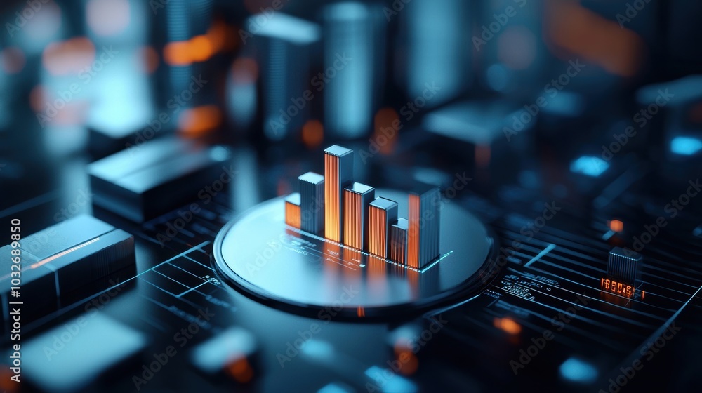 Poster 3d digital art of growth bar chart on futuristic tech interface.