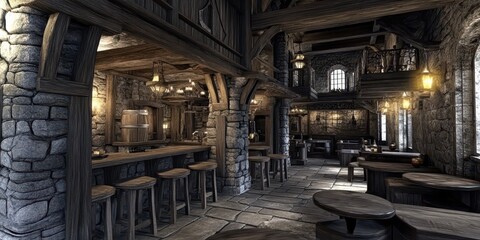 Enchanting Interior of a Medieval Castle Tavern in a Dungeons and Dragons Fantasy Setting