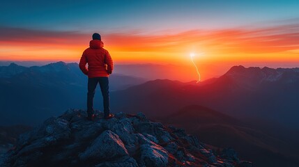 Fototapeta premium Person standing on a mountain during a sunset storm.