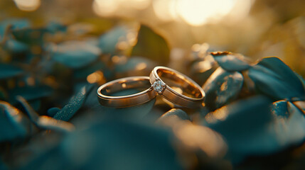 Two elegant wedding rings rest gently in a natural setting, symbolizing the unity of marriage, eternal love, and the connection between human bonds and the beauty of nature