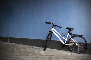 A Stylish Bicycle Positioned Against a Bright Blue Wall Within a Vibrant Urban Setting