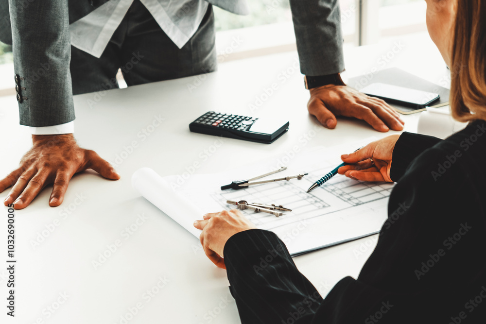 Poster architect and engineer working with construction drawing project on table in office. architecture an