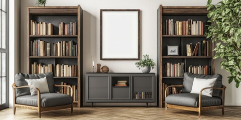 Stylish Interior Design of a Modern Living Area Office Lounge with Bookshelves and Cozy Seating for a Relaxed Atmosphere in a Home Library Decor