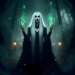 Fototapeta premium Ethereal Sorceress Conjuring Spirits in a Misty Forest Realm