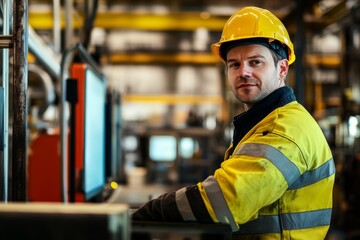 Fototapeta premium Caucasian male worker in safety gear smiling in an industrial setting.