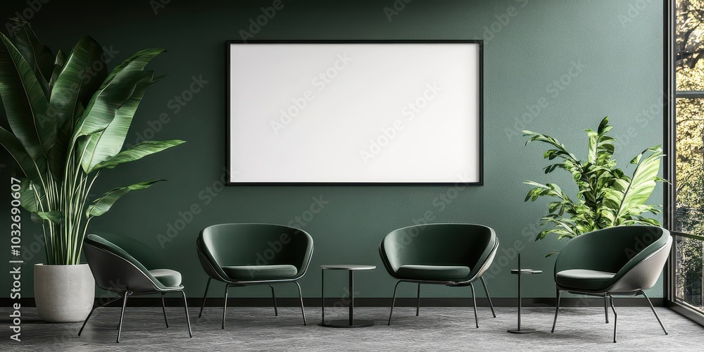 Poster mockup of an empty horizontal picture frame in a modern workspace with stylish seating and greenery