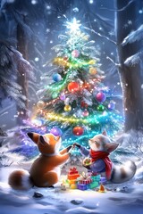 Forest animals decorating a giant Christmas tree with colorful ornaments, set in a cozy, snow-covered forest.