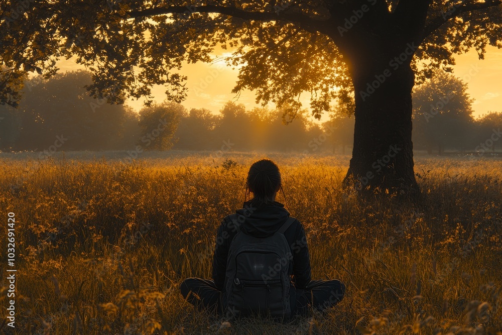 Poster man sitting under a large tree at sunset symbolizing reflection solitude and connection to nature in