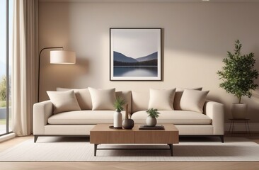 Modern living room with a large beige sectional sofa, minimalistic decor, soft lighting, and floor-to-ceiling windows overlooking greenery