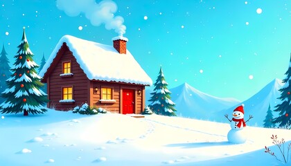 Fototapeta premium An Illustration With A Snowman And A House In The Snow