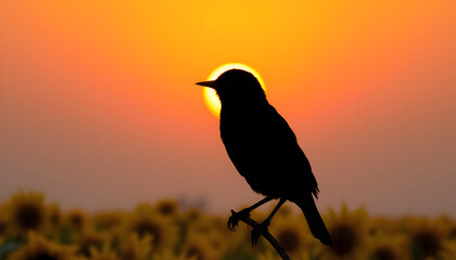 A bird is silhouetted against the golden glow of a sunflower field during the magic hour isolated with white highlights, png