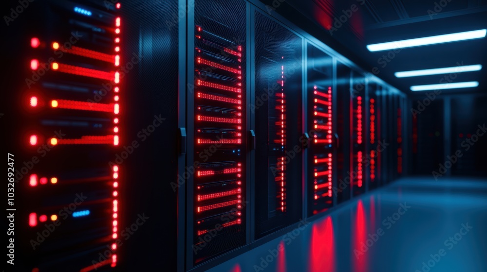 Poster high-tech data center with red led lights.