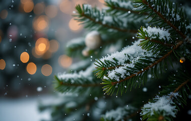 snowflakes fall gently pine branches amidst festive christmas backdrop decorations soft bokeh