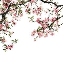 Fototapeta premium Beautiful Cherry Blossom Branches on White Background , Delicate Pink Flowers, Spring, Nature, Floral Art, Botanical Illustration, Tranquil Scenery, Blooming Sakura, Zen Aesthetic