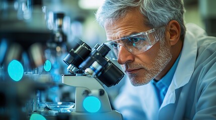 Scientist examining samples under a microscope.