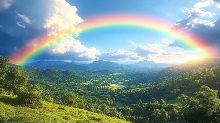Scenic landscape with a vibrant rainbow.