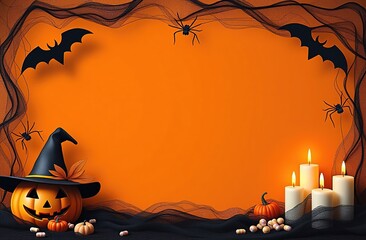 Halloween-themed background with bats, spiders, cobwebs, a jack-o'-lantern, witch candles, and candy on an orange backdrop