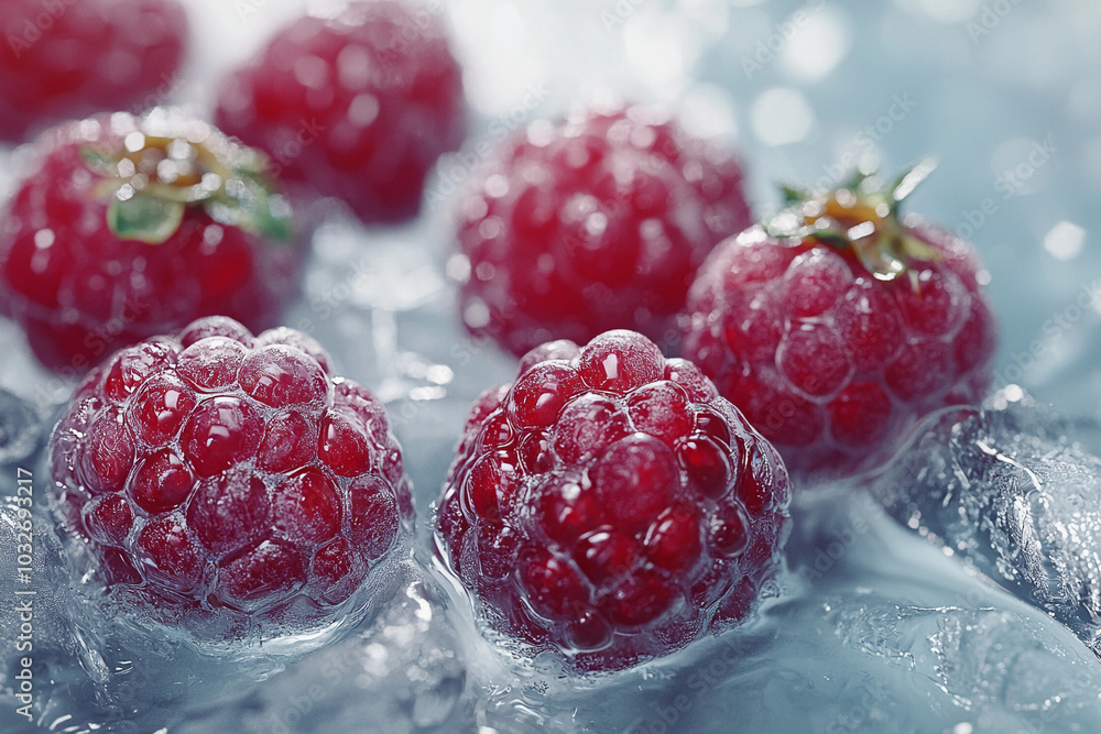 Poster fresh raspberries on ice with droplets in a cool setting