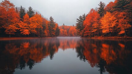 Fototapeta premium Serene autumn landscape with vibrant foliage reflections.