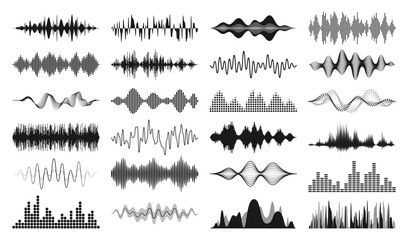 Set of black and white audio visualization of various sound waves and equalizer