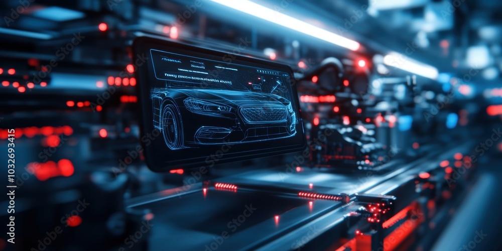 Poster futuristic digital interface for car design on transparent screen, illuminated red tech environment.