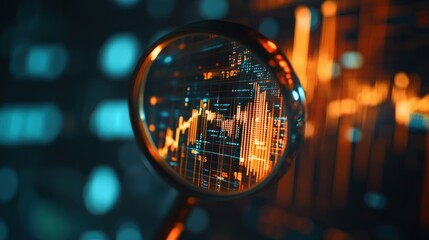 A magnifying glass focuses on a digital graph, symbolizing data analysis and insights.
