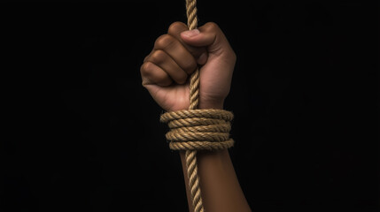 Rope on fist hand on black background, Human rights day concept