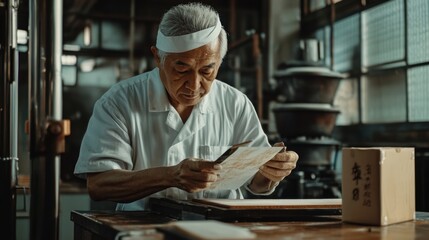 Fototapeta premium Elderly Asian chef carefully inspecting sushi quality in a traditional restaurant kitchen.