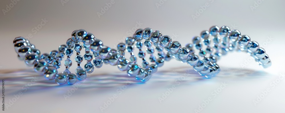 Poster transparent blue beads arranged in a helix on a soft gradient background.