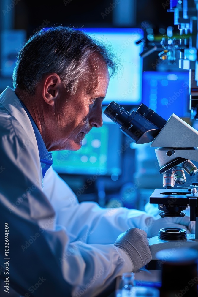 Poster scientist conducting microscope research in high-tech laboratory setting