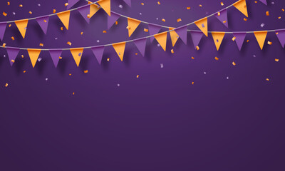 Festive banner with garland of flags and confetti on the dark background