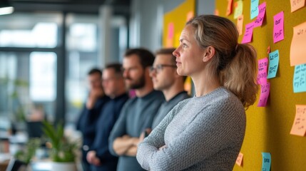 Business team analyzing project strategies with sticky notes on wall. Collaborative planning and teamwork concept