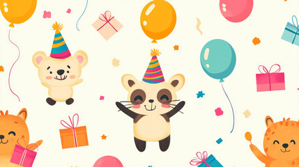 Naklejka premium Cute animals celebrating a happy birthday with balloons and gifts in a colorful and playful pattern