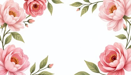 Blush and gold floral arrangement on white background Soft watercolor flower frame perfect for delicate greeting cards wedding invitations posters or banners with ample copy space.