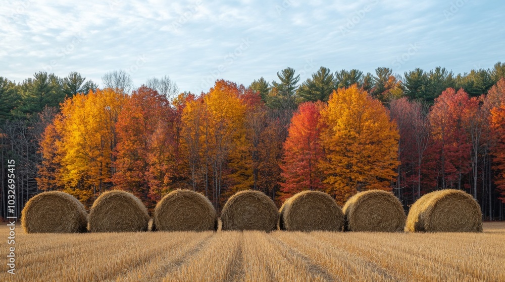 Poster row of freshly harvested hay bales sits in a golden field, complemented by colorful autumn foliage i