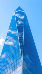 A sleek modern skyscraper reflecting the sky, with its glass facade mirroring clouds and sunlight, creating a stunning urban skyline contrast.