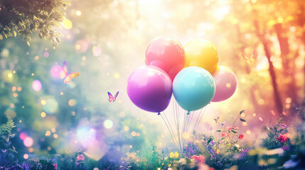 Giant rainbow-colored birthday balloons float in a magical forest filled with sparkles and glowing fireflies