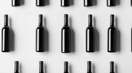 Obraz premium A symmetrical arrangement of black wine bottles against a white backdrop.
