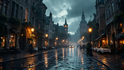 Fototapeta premium Atmospheric Rainy Street Scene at Dusk