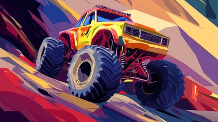 A vibrant, stylized illustration of a monster truck, with large tires and a bright yellow and red paint job, driving uphill on a colorful, abstract background.