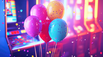 Colorful retro birthday balloons float in front of a vintage arcade machine with falling confetti and neon lights