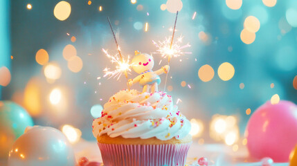 Retro wind-up toys joyfully dance around a delightful birthday cupcake adorned with sparklers during a celebration