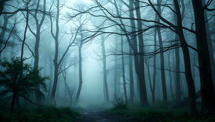 Obraz premium Stranger forest in a fog. Fairy Mysterious Forest. Mystical atmosphere. Paranormal another world. Dark scary park. Background for wallpaper. Horrible dream isolated with white highlights, png