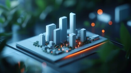 Miniature cityscape model with illuminated buildings in a dark setting. Urban planning and architecture concept.