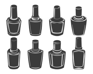 Nail polish bottles. Set of black silhouettes. Illustration, icons, logos