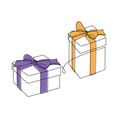 Hand drawn gift box with ribbon bow vector icon. Christmas line continuous drawing. Festive illustration, print, banner, greeting card, poster, symbol, ornament, holiday decor, birthday present.