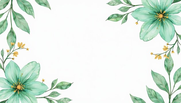 Mint green and gold flower on white background Refreshing watercolor floral pattern ideal for vibrant greeting cards wedding invitations posters or banners with customizable text space.